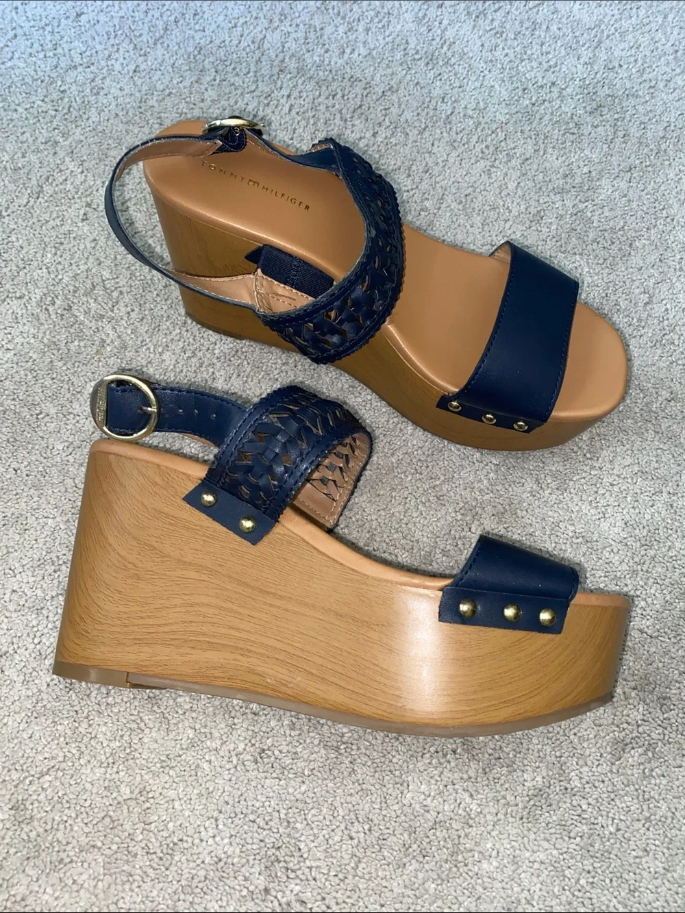 Tommy Hilfiger Platform Wedges Sandals Womens 7.5M Blue Gold Logo Strappy Boho